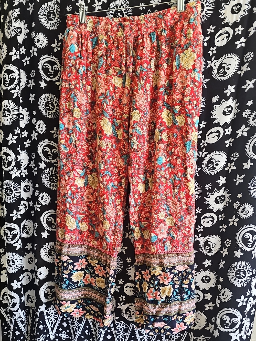Red Floral Wide-Leg Boho Pants with Contrast Hem
